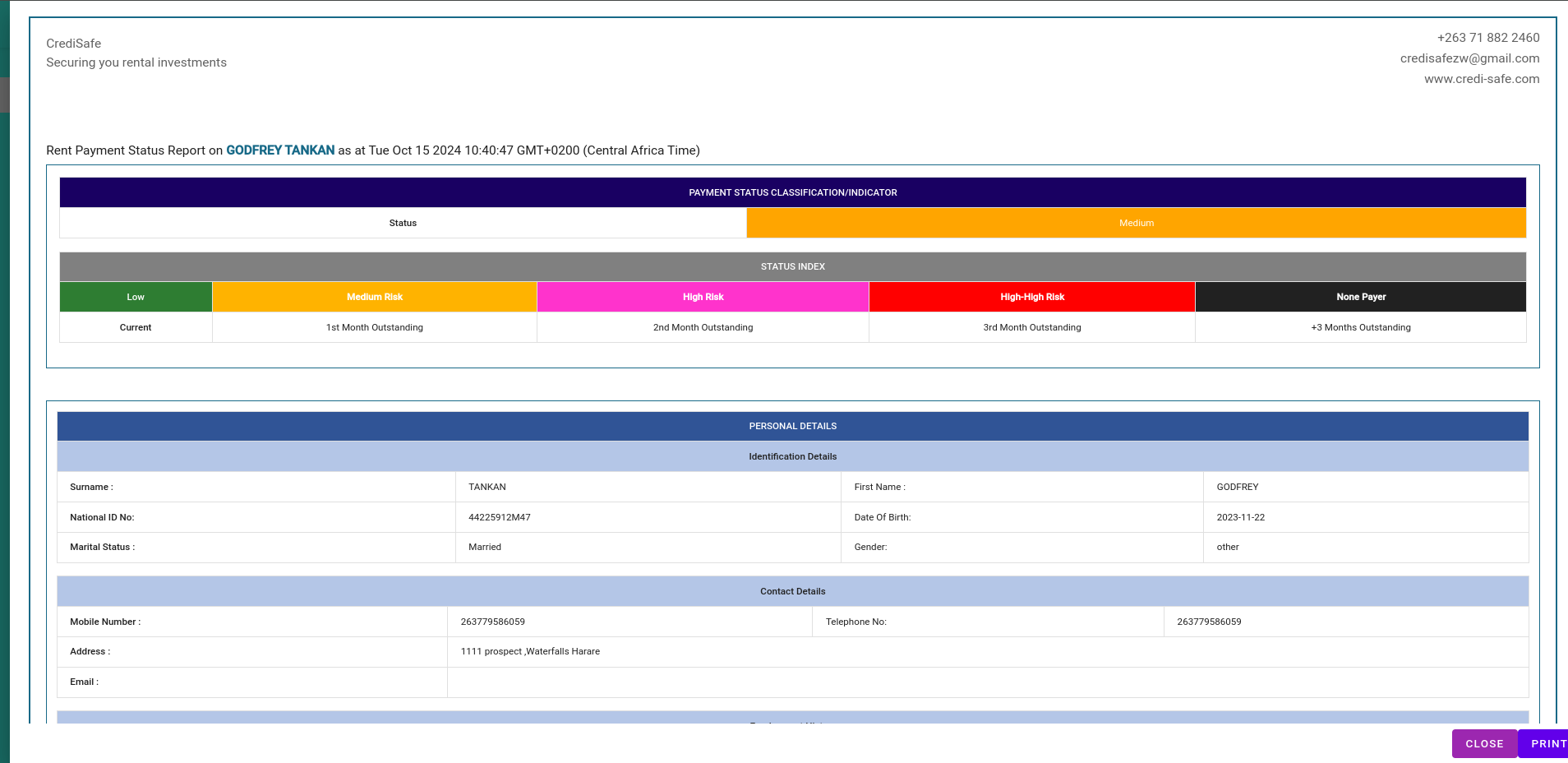 RentSafe Report Interface